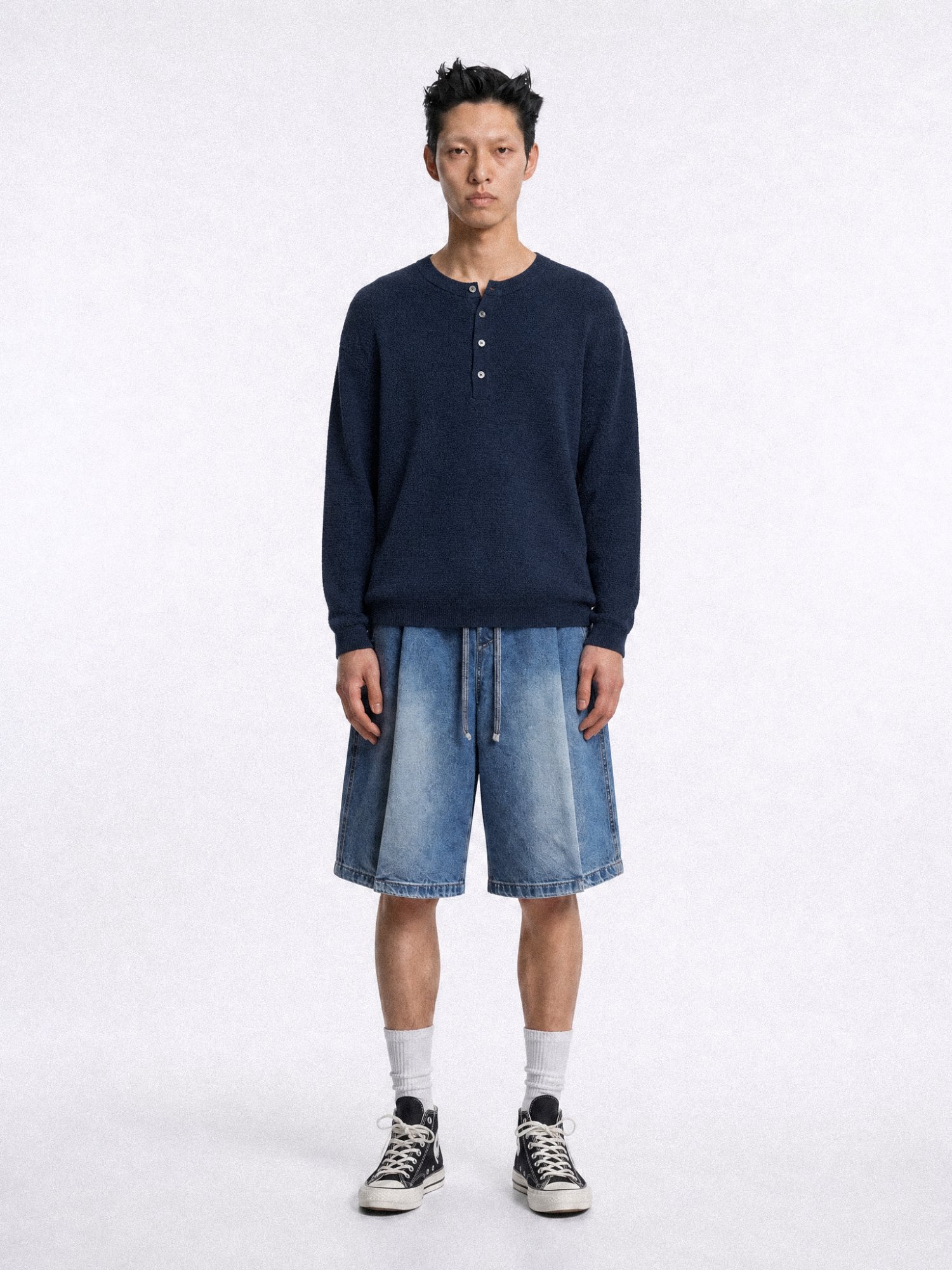 Linen Henry Knit Pull-over (Navy)
