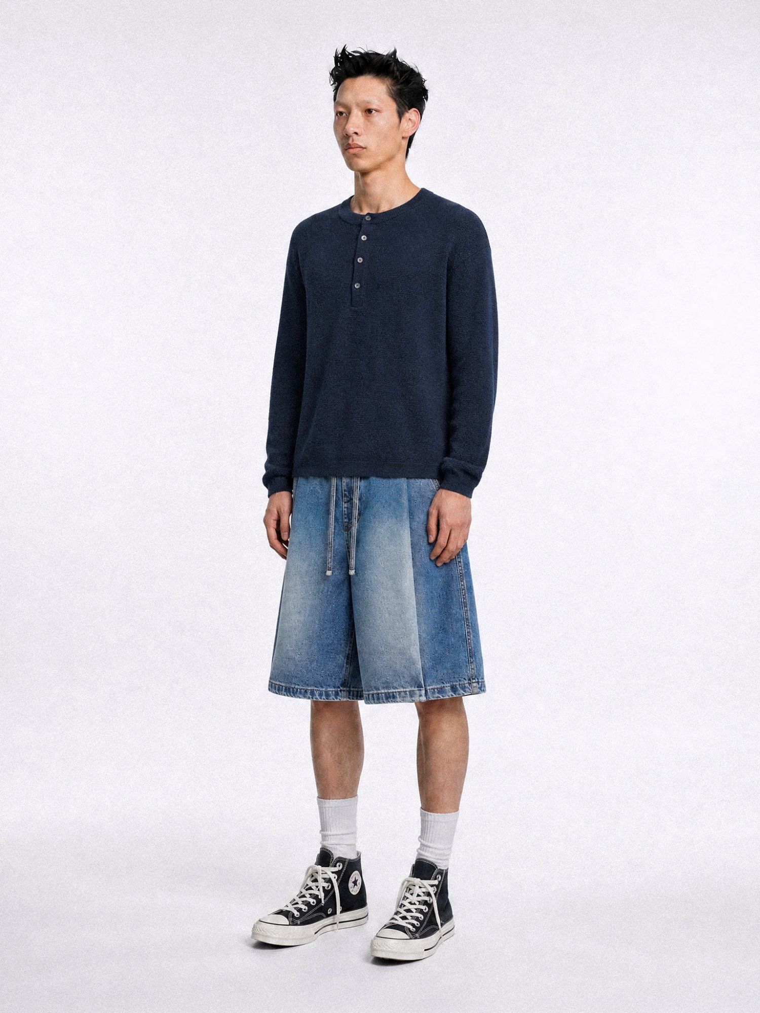 Linen Henry Knit Pull-over (Navy)