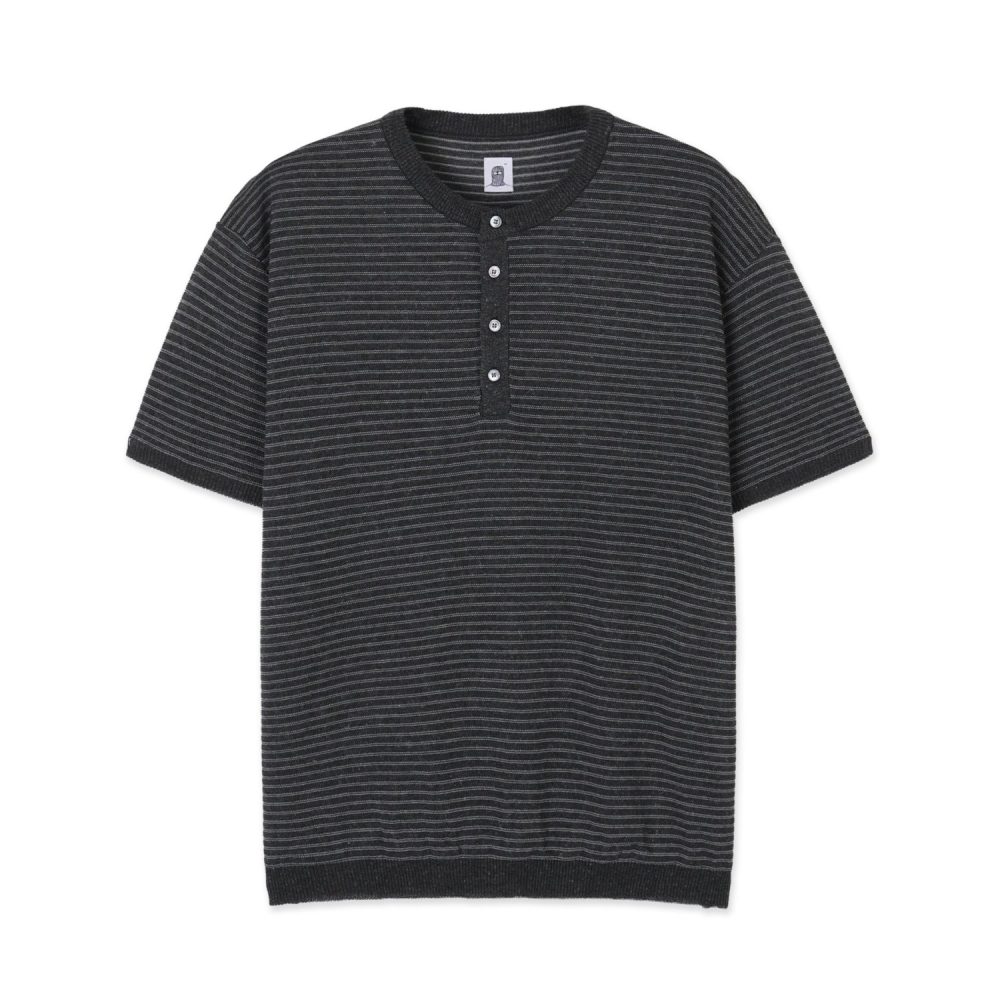 Linen Stripe Henry Half Knit (Charcoal)